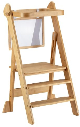 Wiltec Kinderstuhl Lernturm klappbar 43 x 48 x 91 cm aus Bambus, höhenverstellbarer Lernstuhl für Kinder, Stehturm mit Schutzgeländer