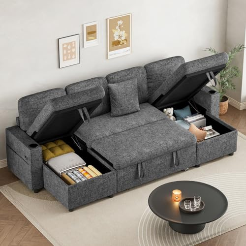 Corner Sofa Bed, Convertible U-Shaped Sofa with Double Storage Chaise, USB & Type-C Ports, 4 Seater Pull Out Sofa Couch Bed with 2 Cup Holders and 2 Pillows for Living Room, Chenille Grey
