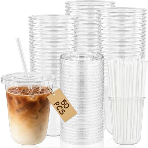 Gobelet en Plastique Réutilisable avec Couvercle et Paille, Gobelet Transparent en PET pour Café Glacé, Smoothie, Bubble Tea, Matcha, Jus et Boissons Froides, Gobelet à Emporter pour Maison