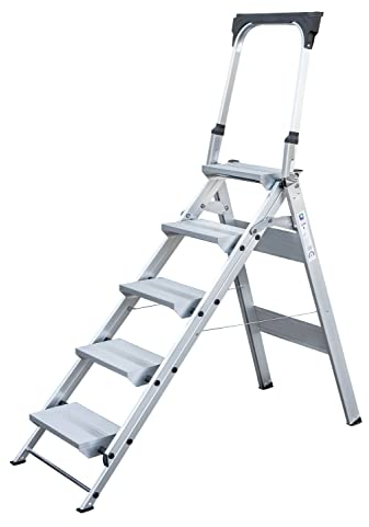 Aluminium-Klapp-Treppe, mit klappbarem Bügel, 5 Stufen Arbeitshöhe bis ca. 3,10 m