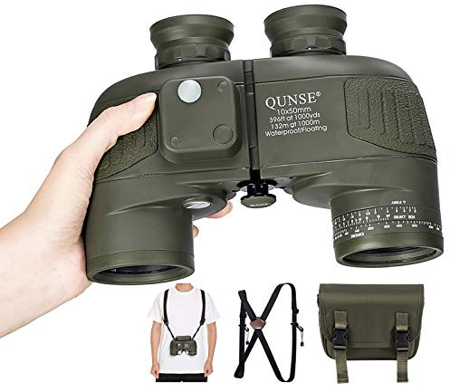 QUNSE Fernglas 10x50 mit Kompass und Entfernungsmesser Wasserdicht | 100% wasserdicht mit BAK4-Prisma und FMC-Vergütung für klare Sicht bei Bootstouren und Safari