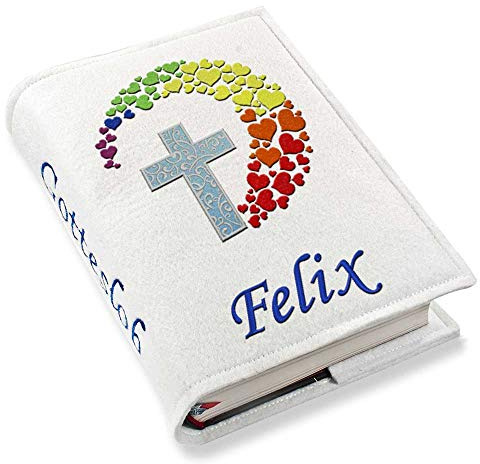 Gotteslob Gotteslobhülle Kreuz Herzen Regenbogen Kunstleder mit Namen bestickt weiß, Farbe:weiß