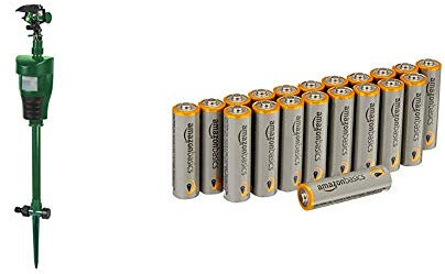 Defenders Jet-Spray Pond & Garden Protector (Motion-Activated, Heron, Fox and Wildlife Repellent) & Amazon Basics AA Performance Alkaline Batteries [Pack of 20] - Packaging May Vary