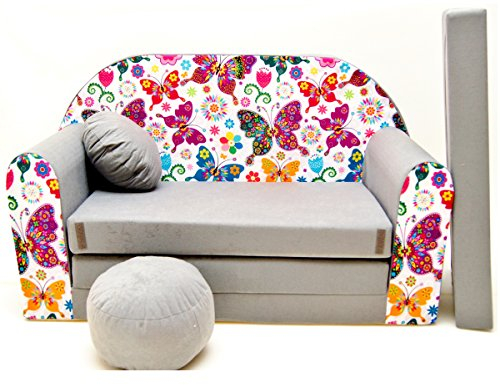 Couch Kindercouch Kindersofa Kinder Sofa Schlafsofa Kinderzimmer Bett gemütlich grau (A33 Schmetterlinge)
