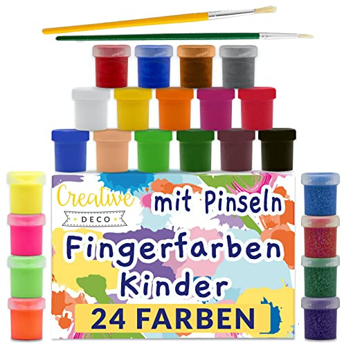 Creative Deco Tempere Lavabili per Bambini e Dipingere | 24x20 ml | Set Colori a Dita | Bottiglie Multicolore | Pittura Colori Base Fluorescenti Glitter Metallizzati Neon | per Principianti e Artisti