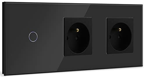 BSEED Interrupteur Tactile avec Double Prise Murale,Noir Mural Commutateur de Lumière+Double prise de courant 16A,1 Gang 1 Voie Interrupteur Tactile avec Capteur Tactile Panneau Verre Cristal