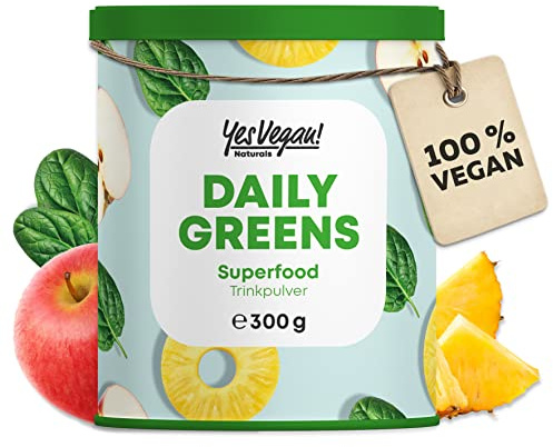 Daily Greens Superfood Pulver (300 Gramm) mit Vitaminen, Mineralstoffen, Veganem Protein und Ballaststoffen I Gerstengras, Vitamin D3, Vitamin B12, Zink I Smoothie Pulver