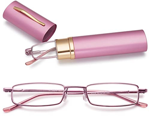 MAGIMODAC Herren Damen Lesebrille Anti Blaulicht Brille mit sehstärke Blaulichtfilter Metall Lesehilfe schmale Lesebrillen mit Stiftetui (2.5, Rosa)