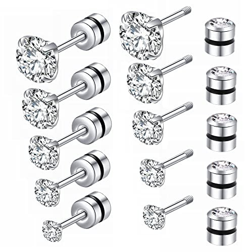ZOCOYUU 5 Pair Titanium Screw Back Stud Earrings Set for Women Girls, Hypoallergenic Surgical Steel 5A Cubic Zirconia 20G Helix Piercing Jewelry Cartilage Earrings for Sensitive Ears Sleeper Studs