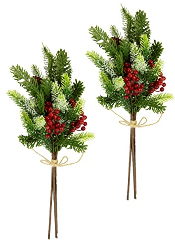 Flair Flower Artificial Christmas Bunch with Cones Berries Artificial Snow Decorative Branch Fir Green Accessories Conifers Advent Wreath Decorative Wreath Stem Artificial Branch Wreath Garland AST,