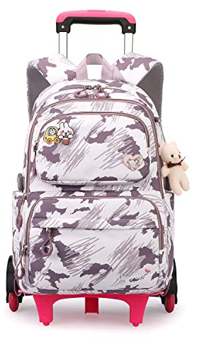 Tanou Rucksack mit Rollen, Leichte Schulrucksack zum Rollen für Mädchen, Kinder Trolley Schulranzen, 16 Zoll, 1-5.Klasse, Lila Graffiti