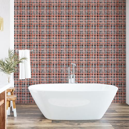 ABAKUHAUS Retro abziehbare & klebbare Tapete für Zuhause, Vintage gestreifte Grid Kunst, selbstklebendes Wohnzimmer Küchenakzent, 33 cm x 180 cm, Schwarz Orange Weiss