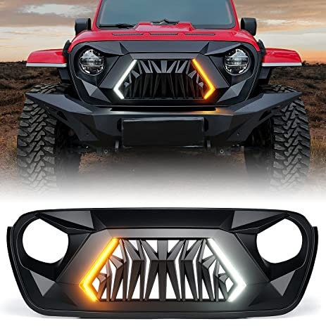 Xprite Front Grill Replacement Compatible with 2018-2026 Jeep Wrangler JL JLU & 2020+ Gladiator JT, Matte Black Shark Grille w/Running and Turn Signals Light