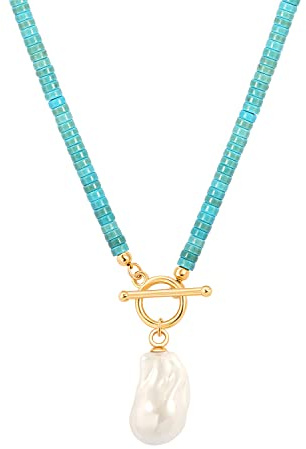 Aobei Pearl Bohemian Simulated Turquoise Choker Blue Clay Beads Gemstone Jewelry Big Baroque Shell Pearl Pendant Necklace Trendy 18K Gold Plated Toggle Lariat Y Necklace for Women 17”
