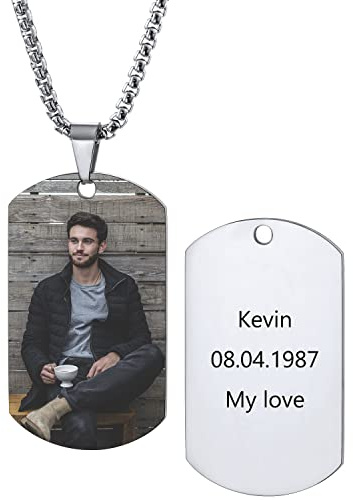 AOTXOXTOA Personalisierte Hundemarke Anhänger Halskette Fotogravur Schwarz & weiß/Farbbild für Männer Frauen Gedenkbild Edelstahlschmuck mit Verstellbarer Kette Schlüsselanhänger Schalldämpfer