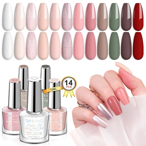 Saviland 14 PCS Nagellack Set mit Base/Top Coat: 12 Farben Klassische trendige Schnell trocknend & Langanhaltend Shimmer ungiftiger auf Wasserbasis kein UV-Nagellack DIY Nagelkunst