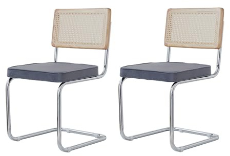 BenyLed Pack 2 Sillas de Comedor Estilo Nórdico Silla Escandinava; Sillas de Cocina Modernas con Respaldo de Madera Maciza de Ratán y Asiento Tapizado (Gris holandés Terciopelo)