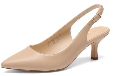 DREAM PAIRS kvinnors kattunge häl slingback spetsig stängd tå låga stilettklackar klänning brud eleganta bröllop pumpskor, Naken Pu, 42 EU