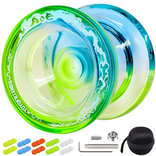 7YO Professional Responsive Yoyo for Beginners, Fingerspin Yoyo for Kids, Dual Purpose Yo-yo AOE Tug Return with 10 Strings, Bag, KK Bearing, Axle, Bearing Removal Tool (Blue Yellow)