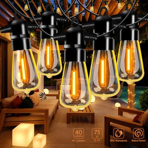 RCVEHO Garden String Festoon Lights - 75FT Outdoor Lights Mains Powered Waterproof IP65, 32+5 ST38 0.6W LED Bulbs Warm White 2300k, Shatterproof & Connectable for Pergola Balcony Backyard Patio Party