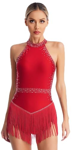 Alvivi Damen Latein Tanzkleid Glitzer Ballettkleid mit Fransen Rock Eiskunstlauf Kleid Ballerina Salsa Tango Rumba Chacha Jazz Tanzkleidung