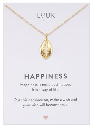 LUUK LIFESTYLE Collar con colgante concha marina y de acero inoxidable, tarjeta frase HAPPINESS 50 cm, cadena resistente al agua, amuleto de la suerte, regalo para mujer, graduación, Dorado