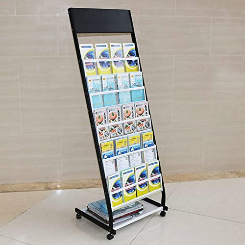 Zeitschriftenständer, Bodenstehender Zeitschriftenständer mit 6 Taschen und Rädern, robuster Broschürenhalter aus Metall, platzsparender Prospektständer, leicht zu bewegen (A)