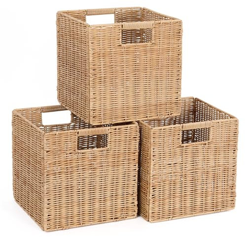 3er-Set Korb Aufbewahrung Geflochten/Handgewebte Aufbewahrungskorb/Regalkorb Faltbar / 27 x 27 x 27cm / Faltkorb Flechtkorb/Regalbox Storage Box