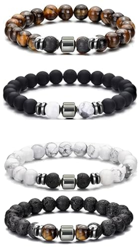 TREABEAR 4Pcs Chakra Armband Herren mit Schmuck Geschenkbox， Heilsteine Armband, Turmalin Armband, Tigerauge Armband, Lavasteine Perlen Armbänder, Armband Männer, Chakra Armband Echte Steine