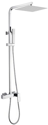VALAZ Columna Ducha Monomando Cromado Serie Cabrera | Mezclador Agua Fría y Caliente, Ahorro de Agua | Instalación Fácil | Barra Ducha Cuadrada, Inoxidable, Rociador 20cm Cuadrado