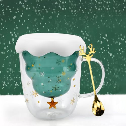 ADERTOS Tazza Natalizia a Doppio Strato Mug Natalizie a Vetro da 300ml Tazze Caffe Natalizie Tazze da Latte Natalizie con Coperchio a Fiocco Nevee e Cucchiaio Tazza da Tè a Forma di albero di Natale