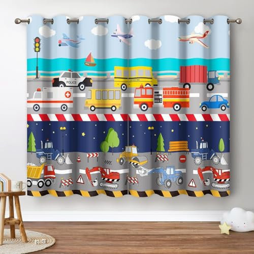 EXSANLIEAY Verdunklungsvorhänge Spielzeugauto, Vorhang Blickdicht Kind Vorhänge mit öSen 2er Set für Schlafzimmer Kinderzimmer, Deko Gardinen Wohnzimmer - B117 x H137 cm