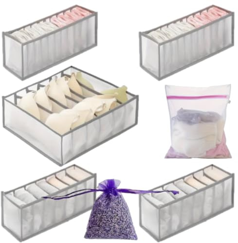 Organizador Cajones para Ropa Interior con Separadores que Incluye Bolsita Aromática de Lavanda y Bolsa para Lavar Prendas Delicadas – Cestas de Tela Ajustables para Almacenaje de Ropa en Armario