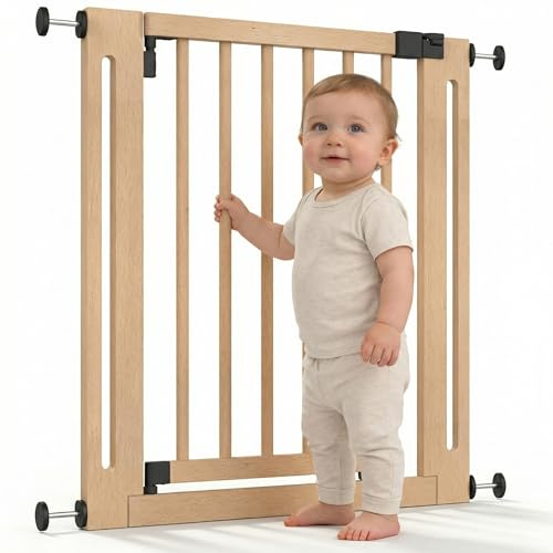 Safetots Wooden Elegance Treppenschutzgitter aus Holz Natur – Türschutzgitter ohne Bohren – Maximale Sicherheit für Kinder & Haustiere – Stilvolles Tür & Treppengitter 87cm - 95cm – Beidseitig öffnend
