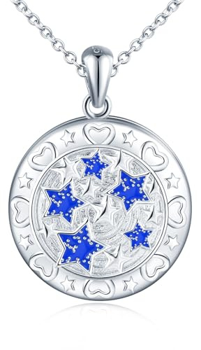 MicLee Collana Ciondoli Foto da Donna in Argento 925 Pendenti Medaglioni de Fotografico Moda Collane Rotonda di Cielo Stellato Ciondolo Apribile Stelle Blu