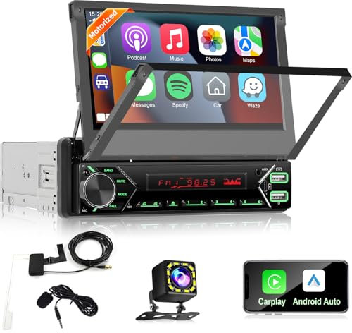 [Motorizado] Radio de Coche 1 DIN con Dab/Dab+, Radio con Pantalla Táctil Abatible de 7 Pulgadas con Carplay y Android Auto, EQ, Bluetooth, Radio FM, Puerto AUX//USB/Tipo-C + Cámara de Marcha Atrás