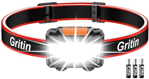 Gritin LED Head Torch, Super Bright Headlamp Headlight with 3 Modes | Waterproof, Battery Powered LED Lightweight for Camping, Outdoors, Emergency, Running [3 AAA Batteries Included]