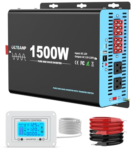 1500W Pure Sine Wave Power Inverter with Transfer Switch, 12V DC to 120V AC Converter, 3000W Peak, Auto Switch to Shore Power, Remote LCD Controller, USB & Type-C for RV, Truck, Off-Grid
