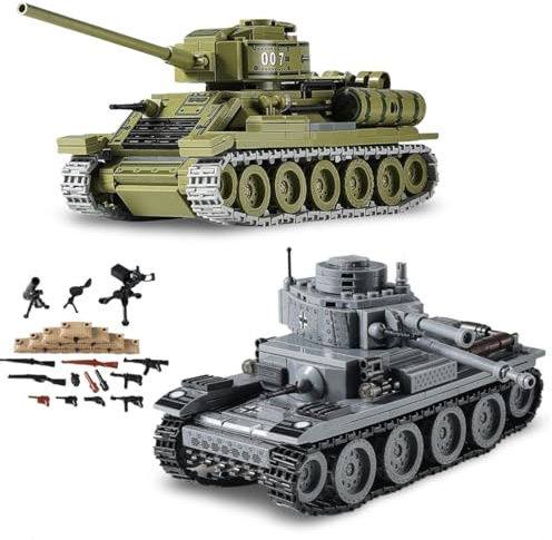 DrmBeyd Technik WWII Panzer Bausteine Set, Mittlerer Panzers T-34 & Deutscher 38T Panzer Klemmbausteine, 1008 Teile Militärpanzer Bausteine Spielzeug, Geschenk für Militärliebhaber und Jungen