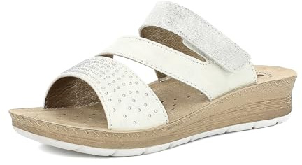 inblu Femme Ciabatte Donna A Fasce Con Chiusura A Strappo Regolabile E Strass, Plantare in Vera Pelle Sandale Glissante, Blanc, 35 EU