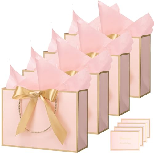 woric 4 Pcs Pink Gift Bags, Present Bags with 8 Wrappers and 4 Cards Birthday Gift Bag for Girls Women Bridesmaid Wedding Shopping(28 * 20 * 10cm)