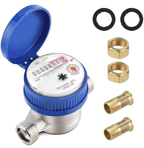 Wasserzähler Garten 1/2 Zoll – Digitaler Kaltwasserzähler mit Zeiger und Digitalanzeige, Kupfer, Wasseruhr Geeicht 2026, Haushalt Zapfhahnzähler mit Montagezubehör und Schutzabdeckung, 0-50℃, 1,5 m³/h