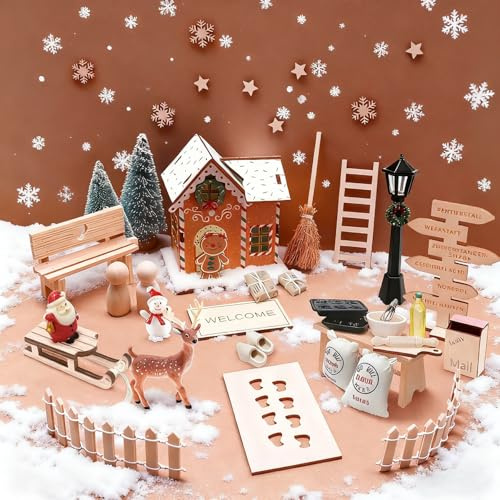 Prelisee 38 Stück Wichteltür Set Weihnachten Set Komplett inkl Wichtelbriefe, Wichtelschablone Fußabdrücke,Wichtel Briefkasten,Holzleiter,Schilder,Vielen Weiterem Zubehör Deko für Ostern Weihnachten