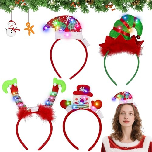 Booaee julpannband, 4 stycken upplysta julpannband LED-hårband jul med jul snögubbe huvudbonad jul jul hårband hårdekoration för julfest