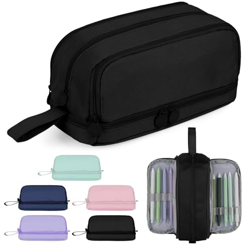 AOOSU Estuche Escolar Grande con 4 Compartimentos, Estuche de Gran Capacidad Bolsa de lápiz Expandible, Estuche Organizador de Papelería para Niñas, Niños, Adolescentes, Mujeres, Hombres(Negro)