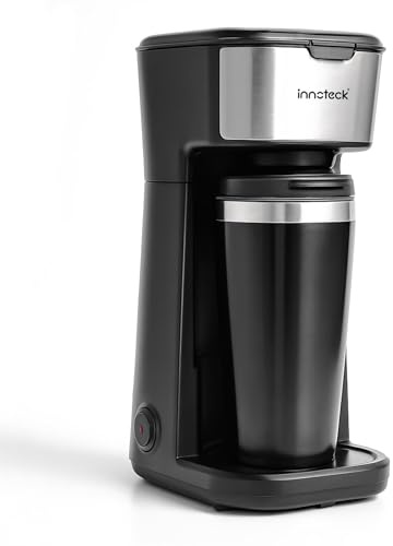 Innoteck 450W Single Serve Coffee Maker with Stainless Steel Interior 400ml Travel Mug – Compact Filter Coffee Machine with Reusable Nylon Filter, Fast Brewing & Overheat Protection – Black