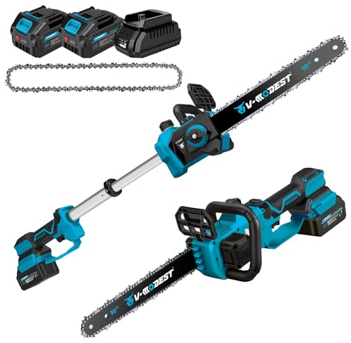 V-MODEST 21V Brushless Telescopic Chainsaw - 10 Lightweight Battery Powered Chainsaw Cordless with 2 x 4.0Ah Lithium-ion Batteries, Handheld & Telescopic Pole Saw for Tree Trimming, Branch Pruning