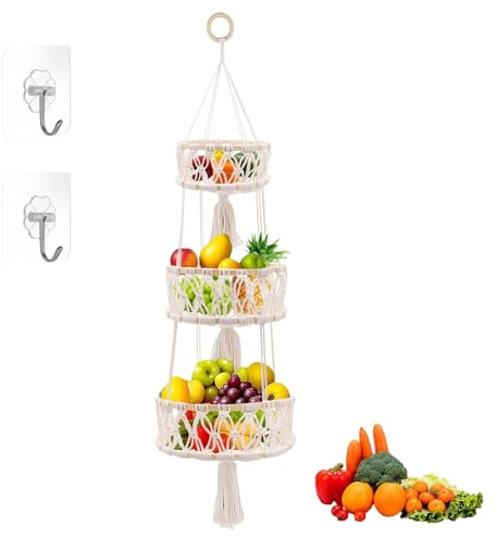 3 Tier Hanging Fruit Basket, Wall Hanging Cotton Baskets Large Wall Mounted Storage Basket for Kitchen Porch Storage Tomato Potato Onion (110cm)