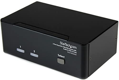 StarTech.com SV231DD2DUA - Conmutador Switch KVM de 2 Puertos (Doble Monitor DVI Audio, 4 Puertos USB) Color Negro