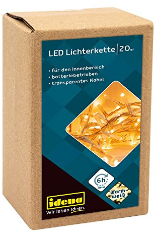 Idena 8582052 - LED Lichterkette mit 20 LEDs in Warmweiß, mit 6 Stunden Timer Funktion, batteriebetrieben, ca. 1,8 m lang, Deko für Innen, zum Basteln, als Party Deko, Weihnachtsdeko, zur Hochzeit | 6 Stunden Timer Funktion, Batteriebetrieben, Für Innen, Party Deko, Weihnachtsdeko